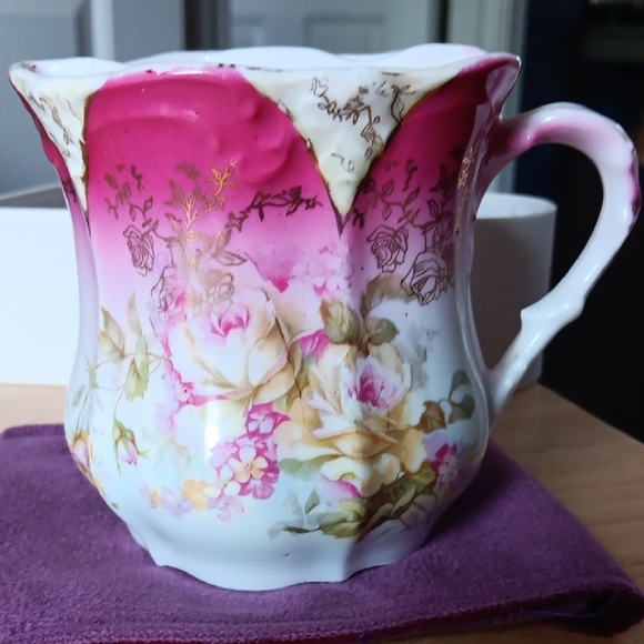 Elegant Floral Pink and Gold Antique Mustache Ceramic Cup - Picture 1 of 6